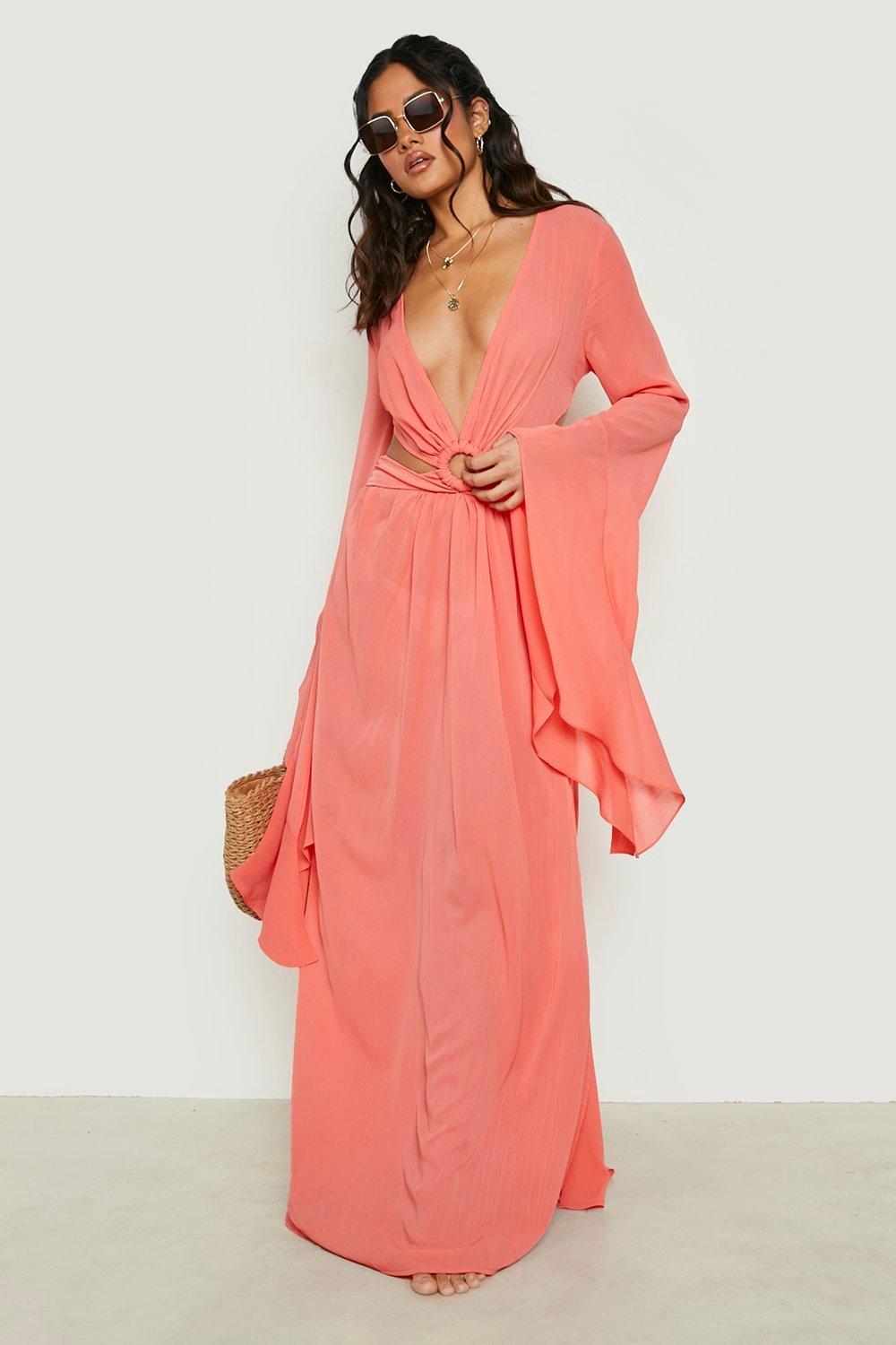 Premium Beach O Ring Frill Sleeve Maxi Dress