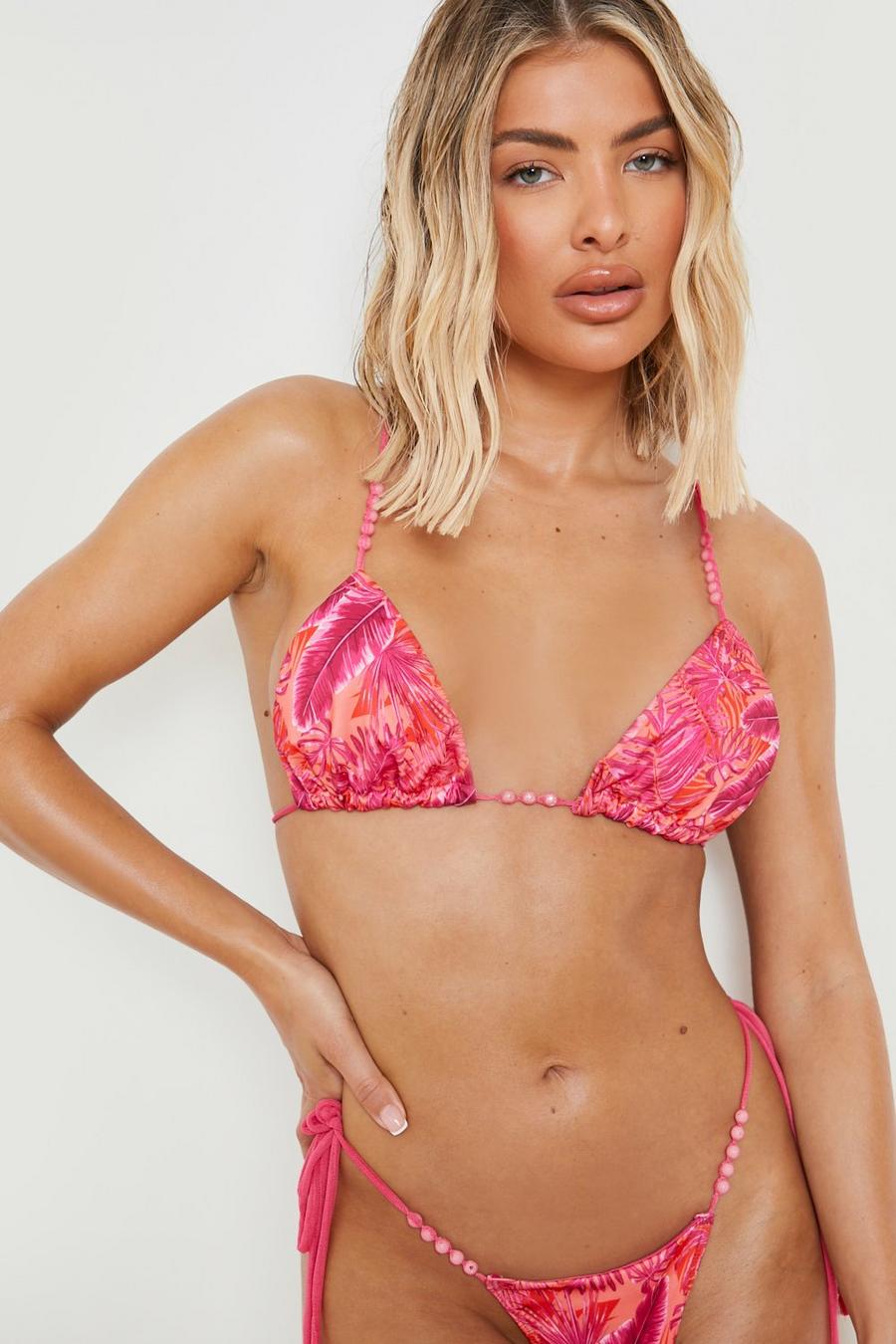 Pink Tropical Beaded Triangle Bikini Top  image number 1