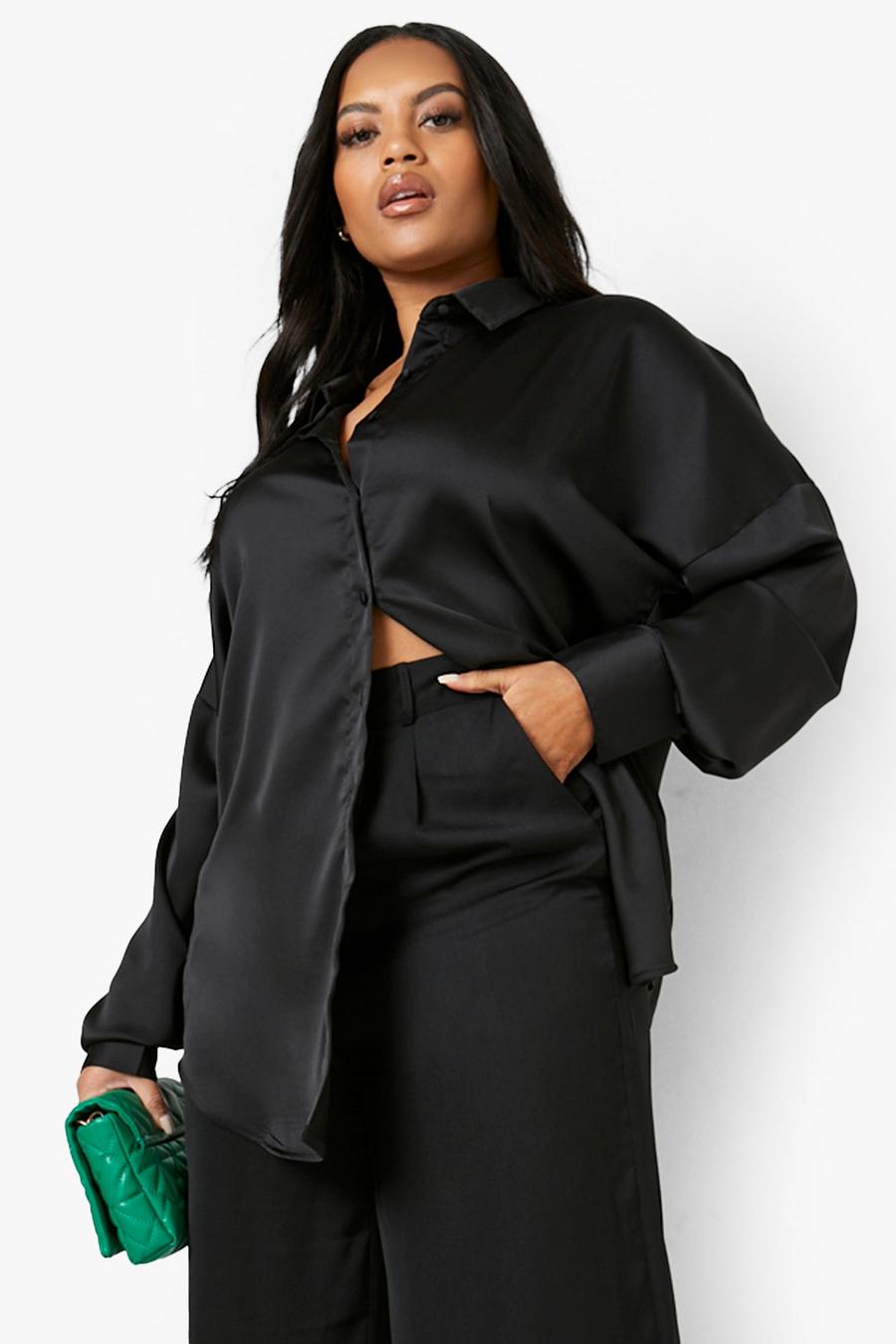 Camicia Plus Size oversize in raso, Black nero