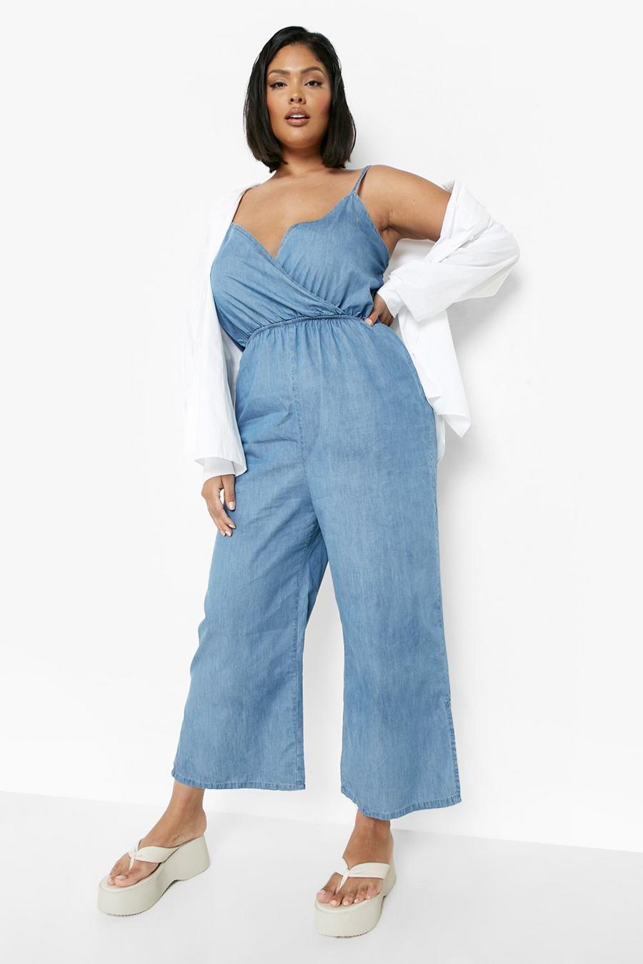Blue Plus Chambray Wrap Over Culotte Jumpsuit image number 1