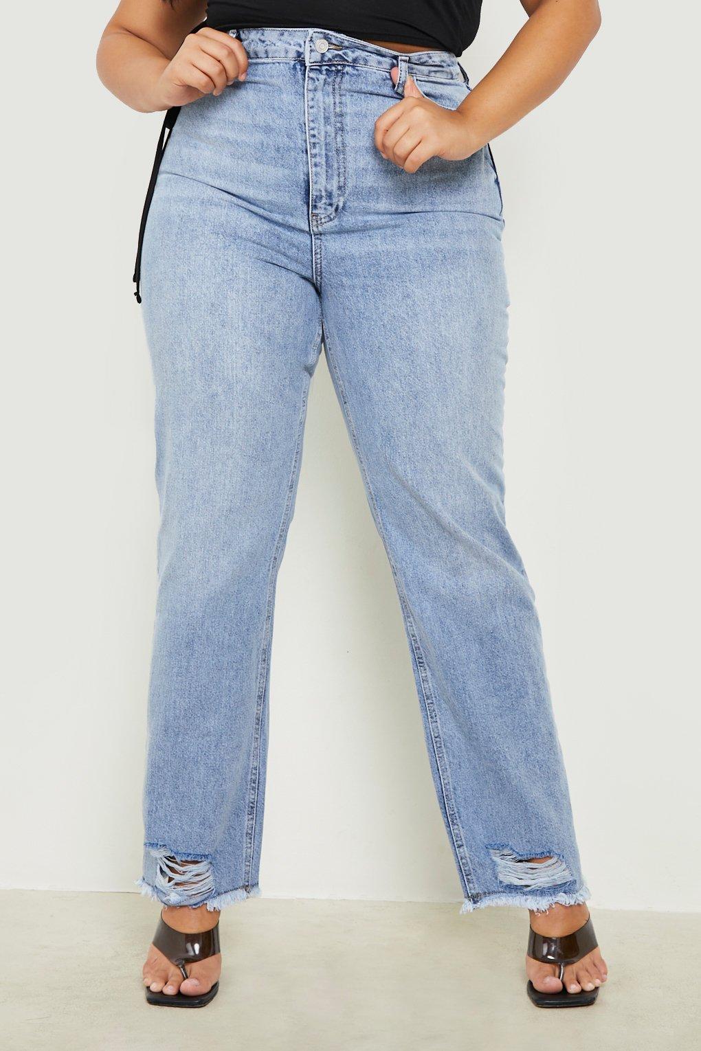 Plus Distressed Hem Straight Jeans boohoo NO