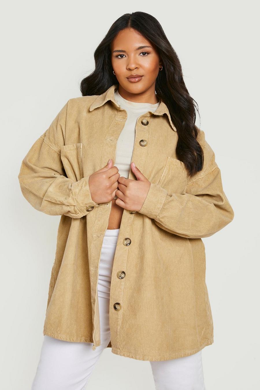 Stone beis Plus Cord Oversized Horn Button Shacket