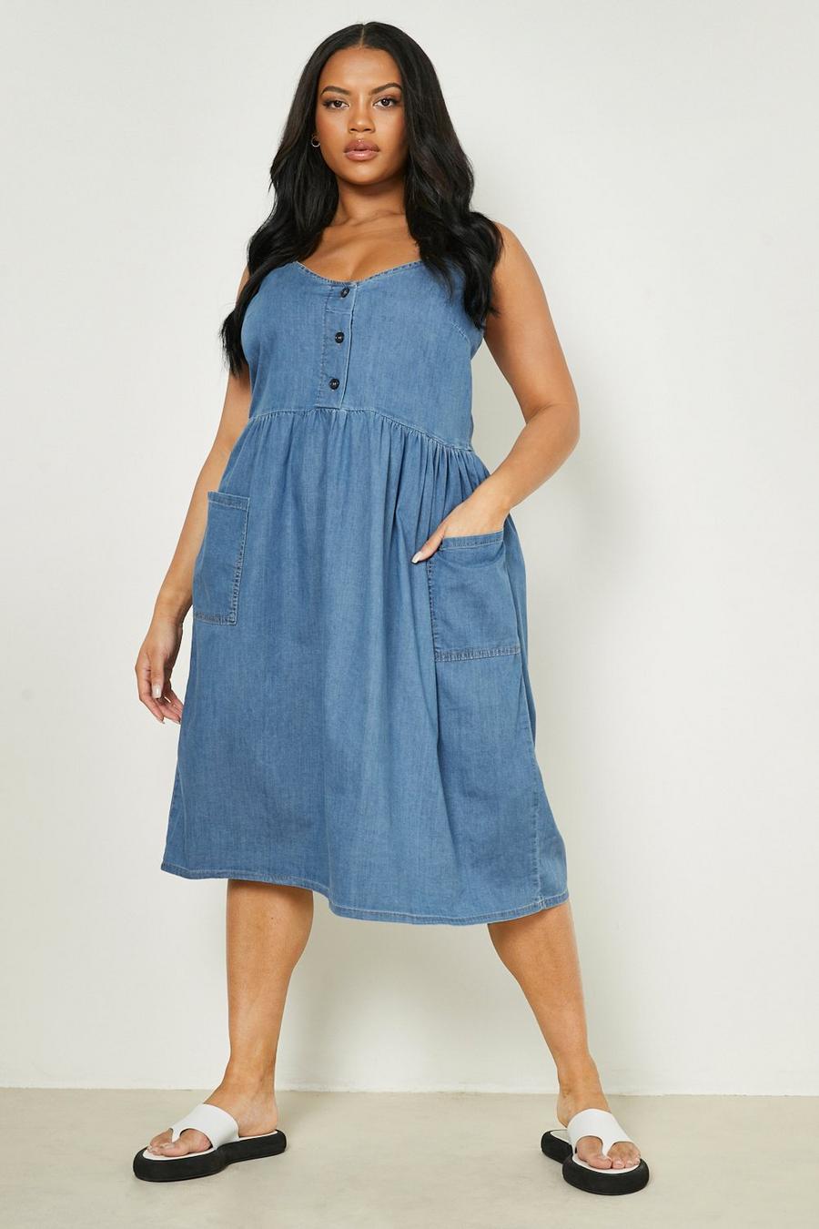 Light blue Plus Button Front Chambray Skater Dress image number 1