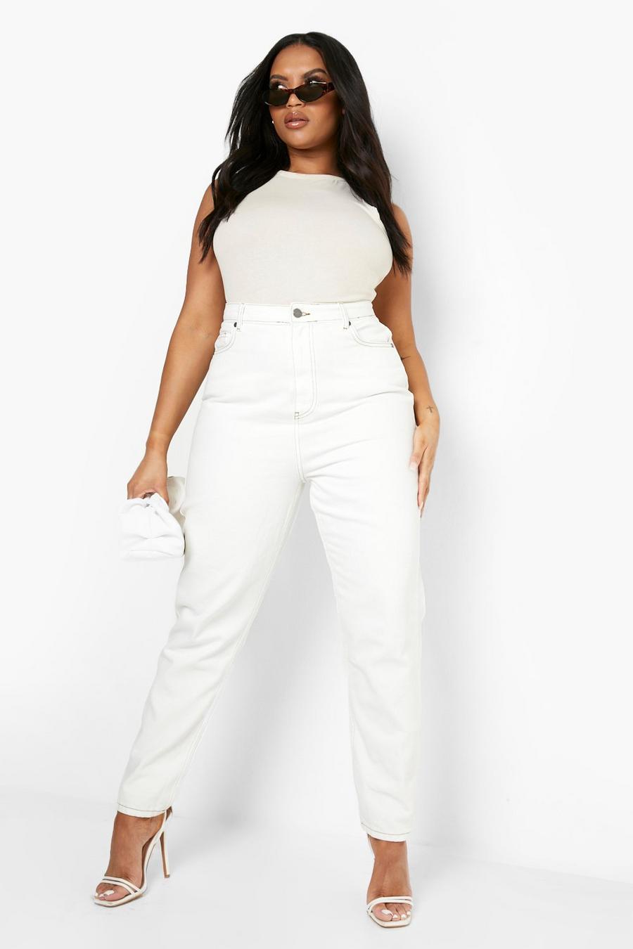 Ecru white Plus - Mom jeans med kontrastsömmar