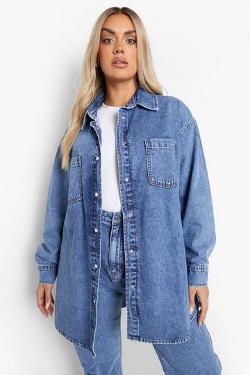 Plus Acid Wash Pocket Oversized Denim Shirt acid wash light blue