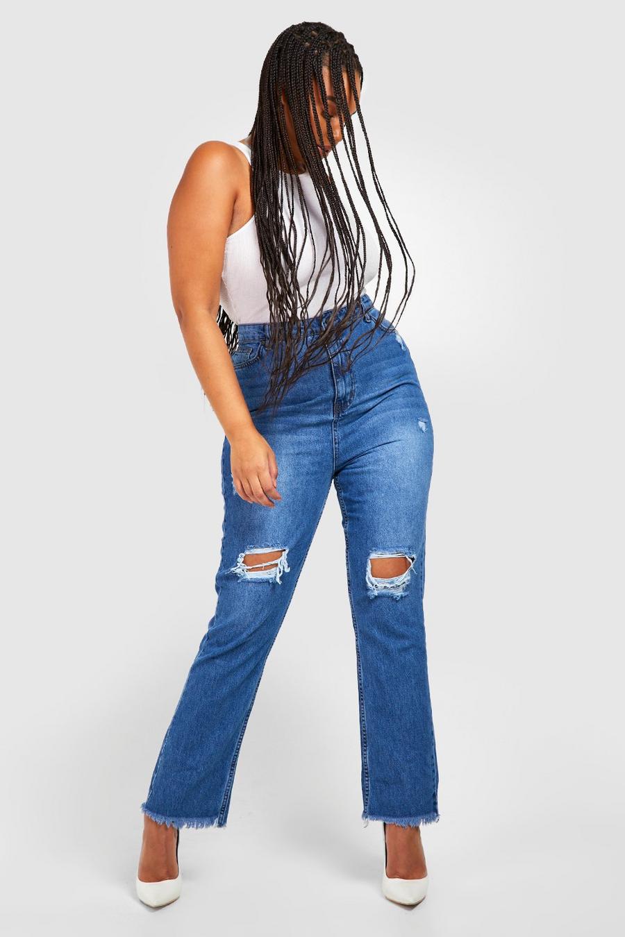 Plus Size Ripped High Waisted Straight Leg Jeans