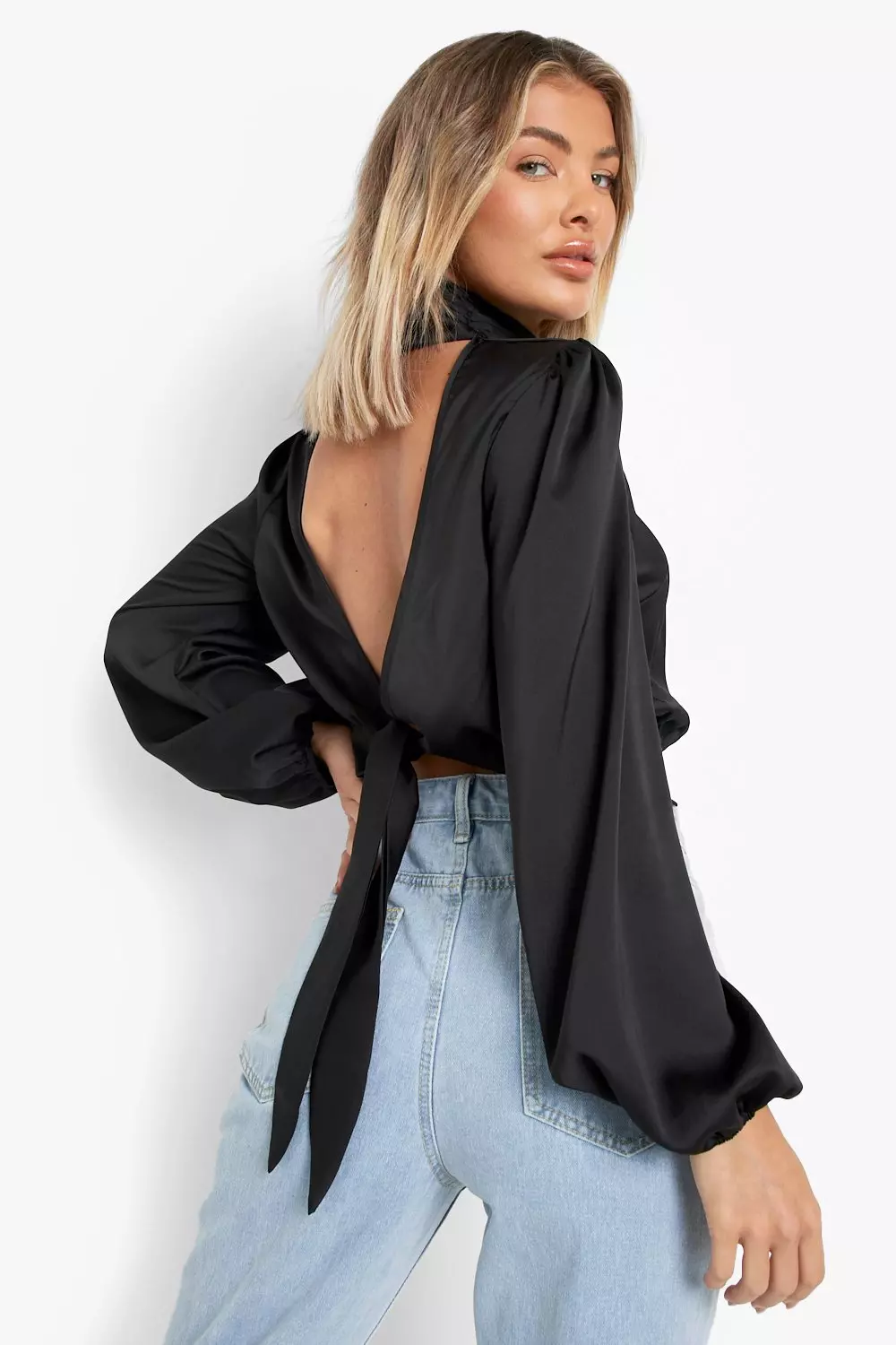 Satin open store back blouse