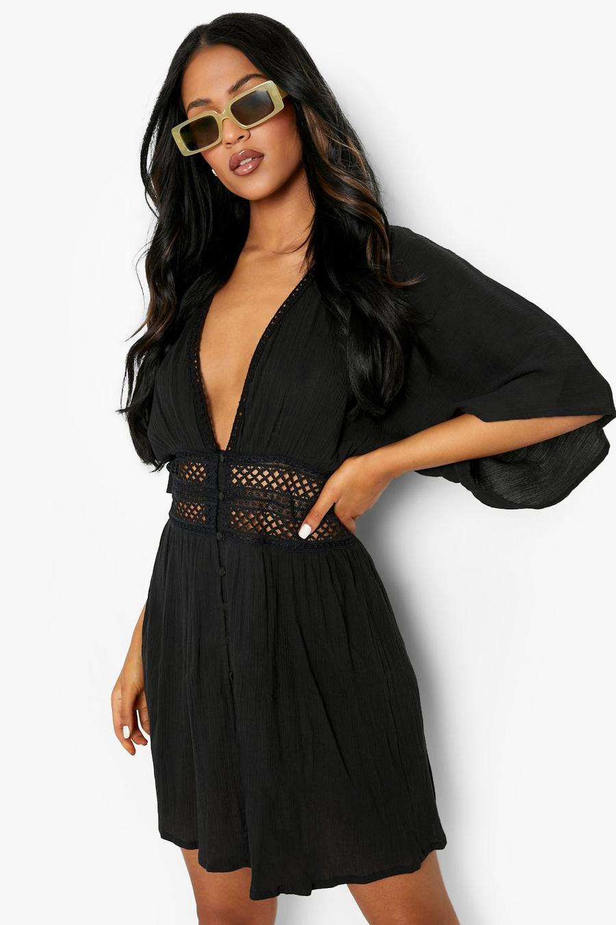 Black שמלת חוף עם עיטור מבד גאזה, לנשים גבוהות image number 1