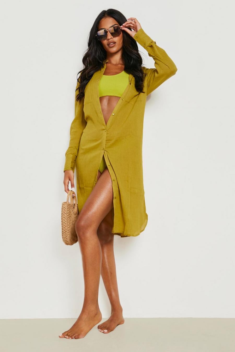 Olive Tall Cheesecloth Beach Shirt Dress image number 1