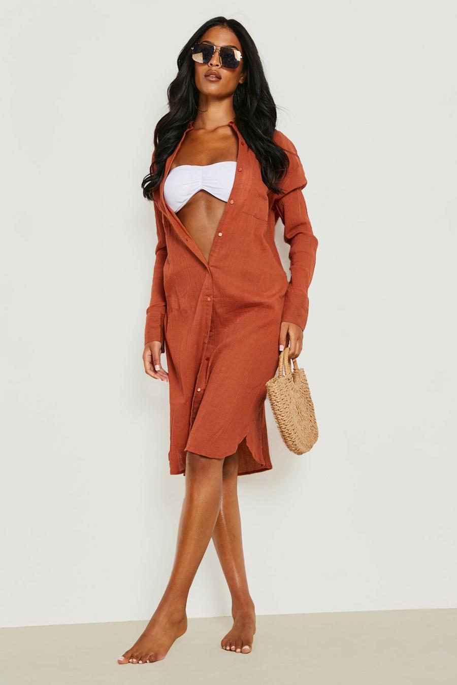 Tan Tall Cheesecloth Beach Shirt Dress image number 1