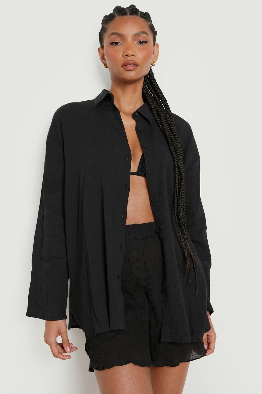 Tall Oversize Strandhemd mit Taschen-Detail, Black image number 1