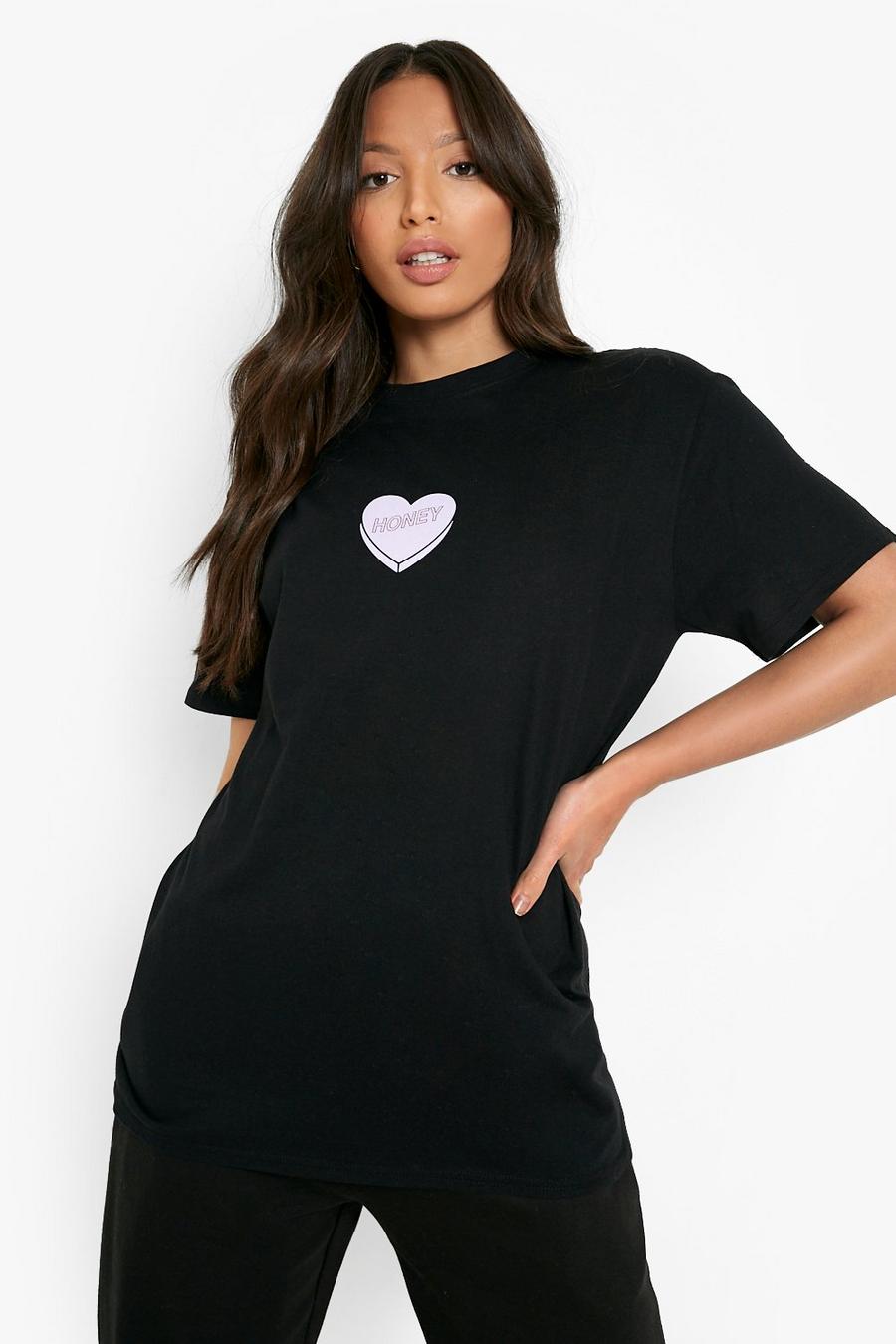 Black Tall Valentines Honey Heart Print T-shirt image number 1
