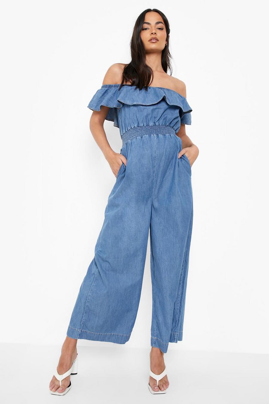 Mid wash Maternity Bardot Chambray Culotte Jumpsuit image number 1