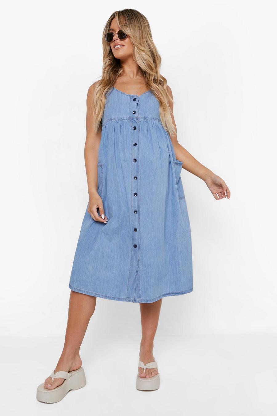 Light blue Maternity Button Front Chambray Midi Dress image number 1