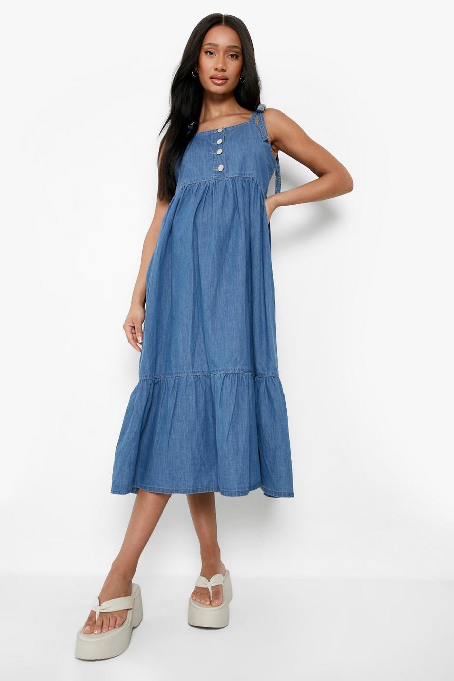 Mid blue Maternity Tie Shoulder Chambray Midi Dress image number 1