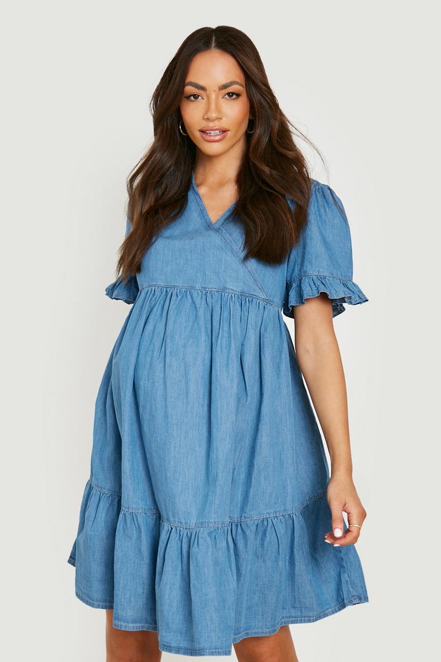 Mid blue Maternity Wrap Frill Sleeve Tiered Smock Dress image number 1