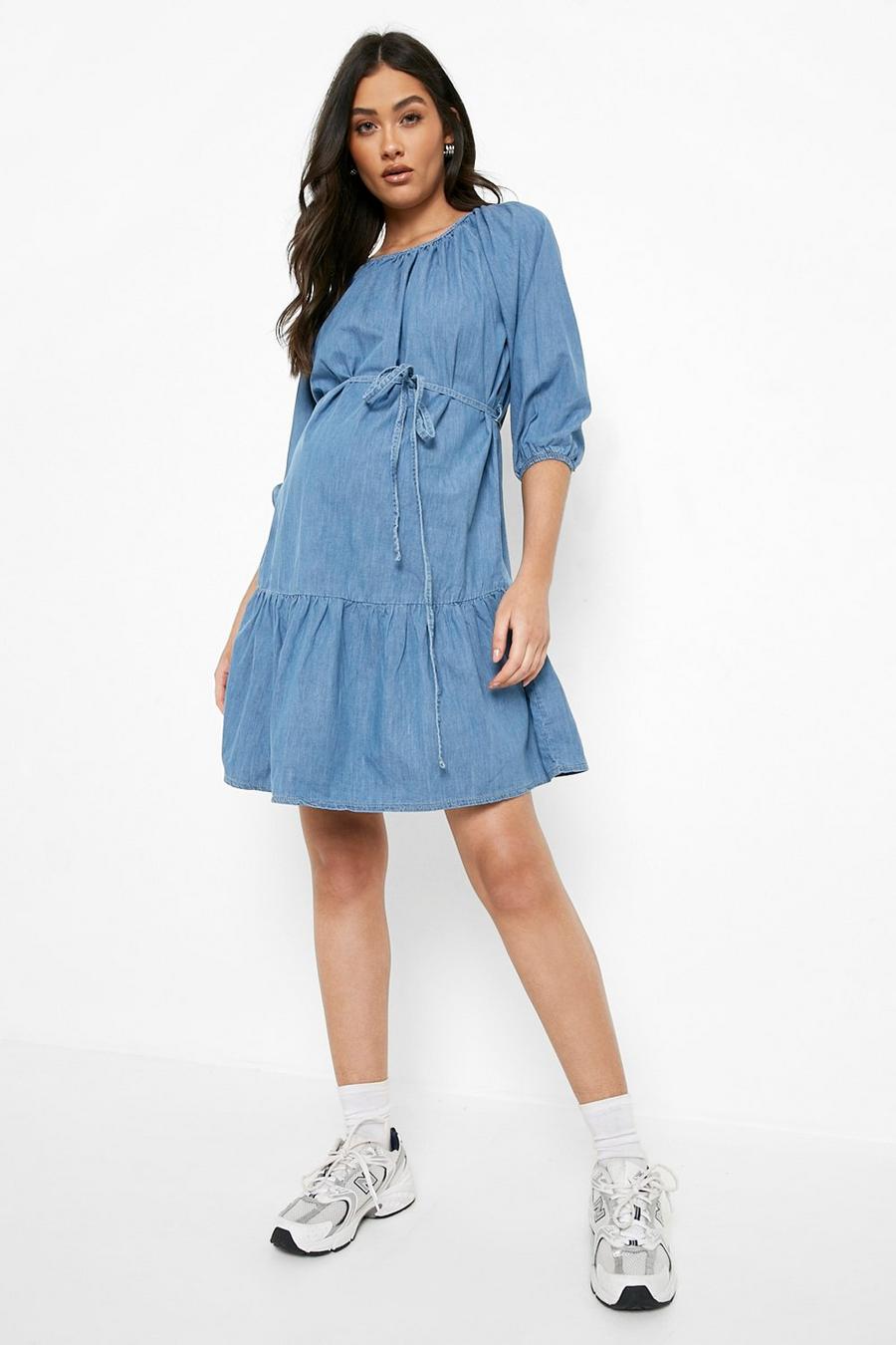 Mid blue Maternity Chambray Belted Tiered Smock Dress image number 1