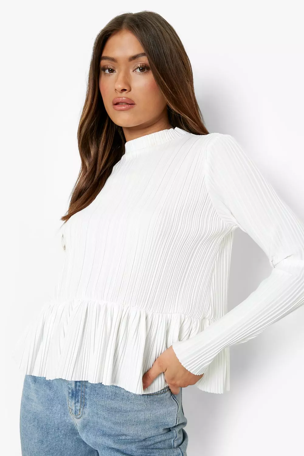 Plisse High Neck Peplum Top