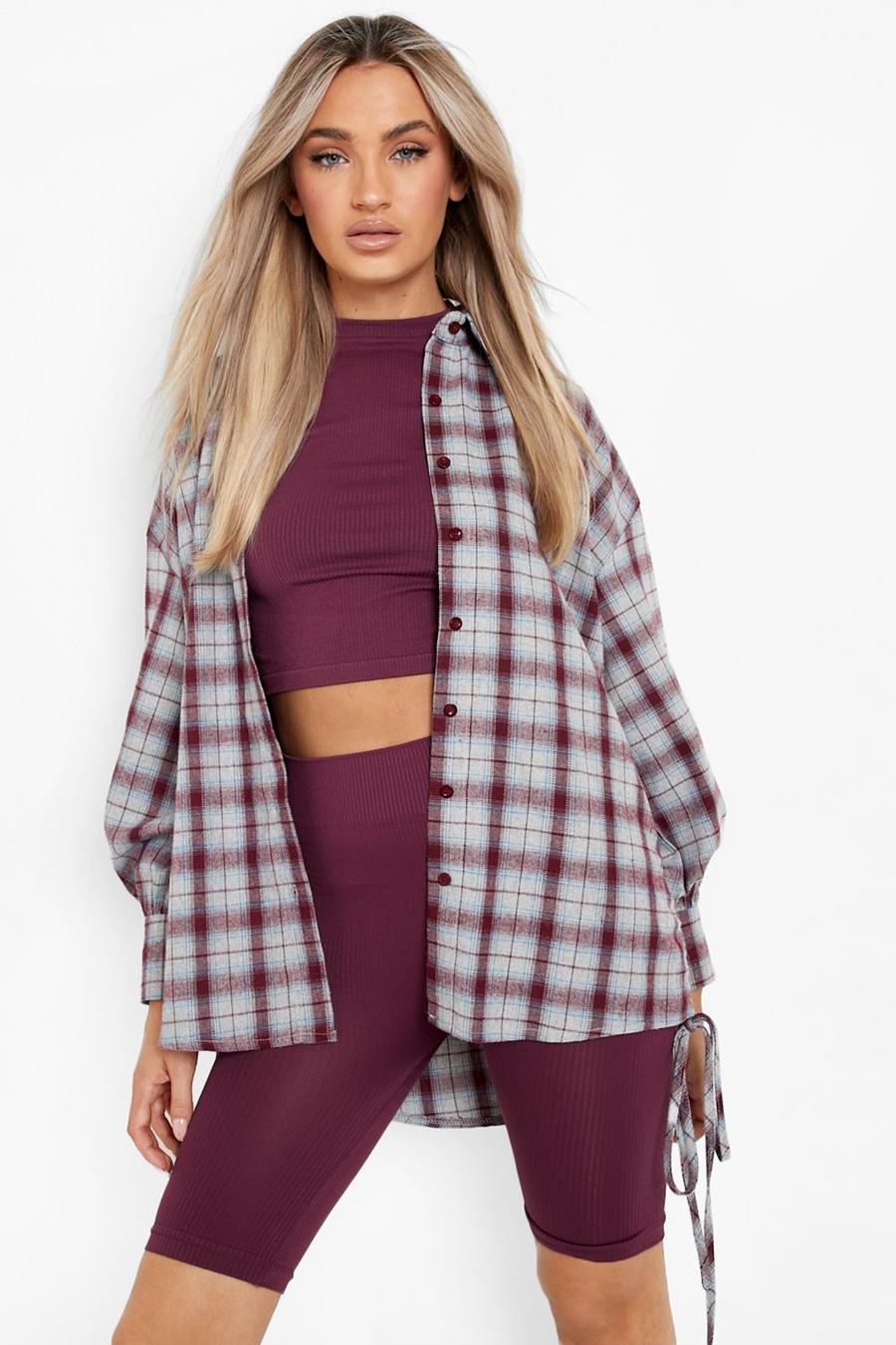Blue Ruched Oversized Checked Shirt image number 1