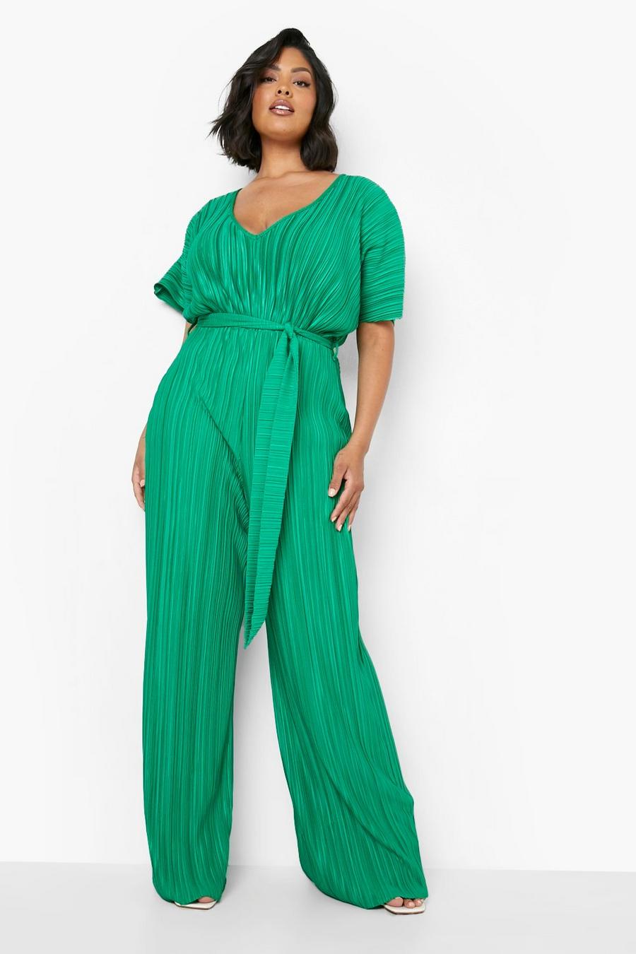 Green Plus Plisse Kimono Sleeve Belted Jumpsuit