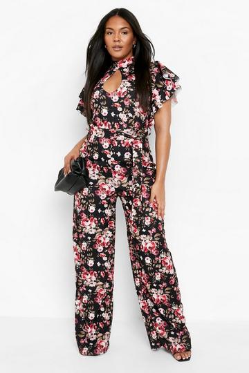 Plus Floral Print Key Hole Wide Leg Jumpsuit black