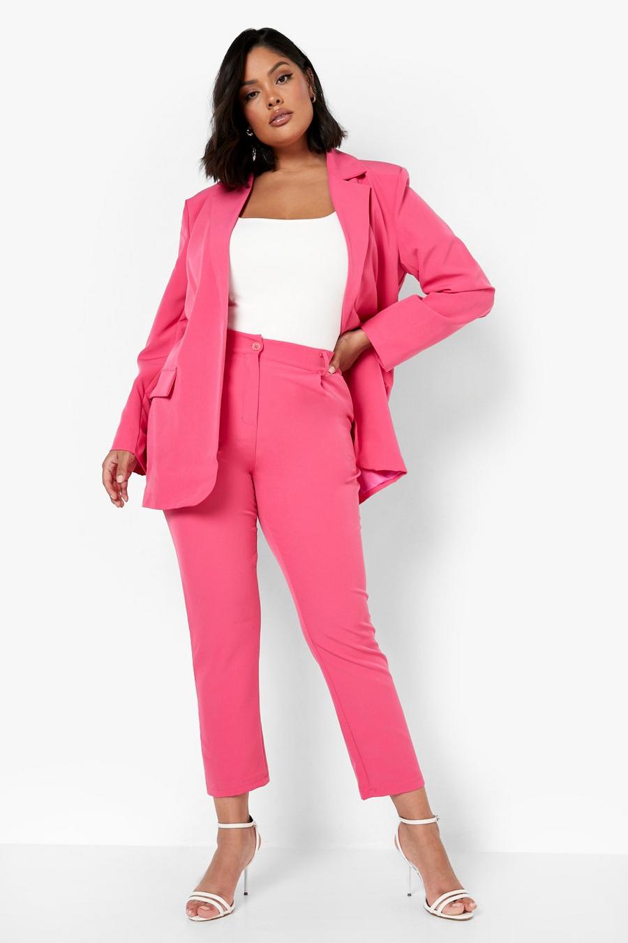 Blazer Plus Size oversize in taglio maschile classico & pantaloni completo, Hot pink image number 1