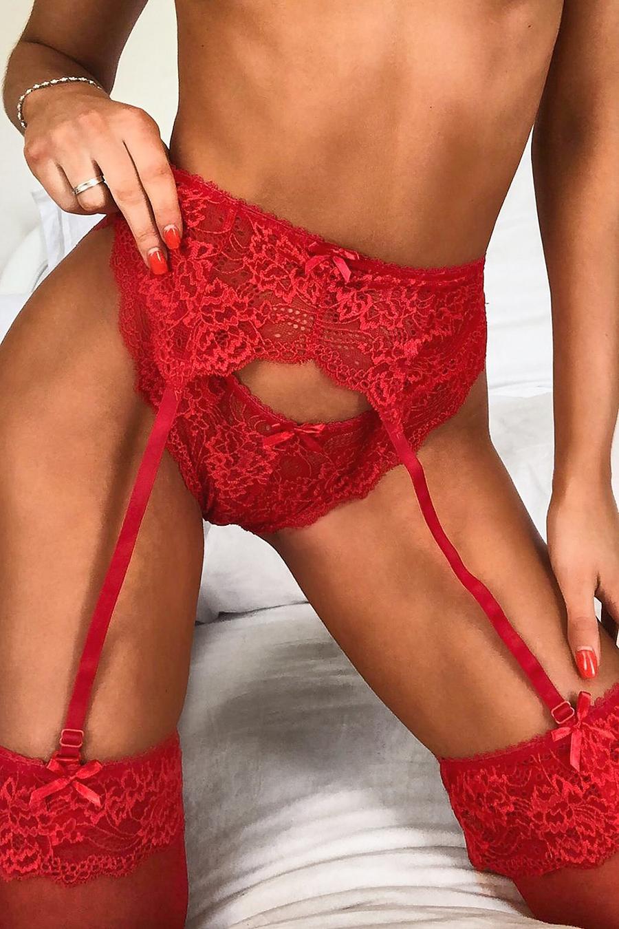 Red Lace Suspender Thong & Stocking Set image number 1