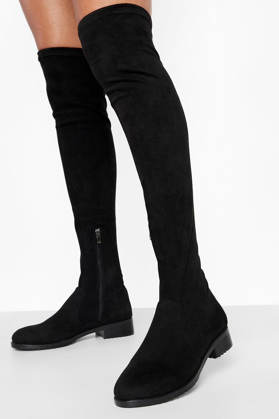 Black schwarz Flat Over The Knee Thigh High Boot