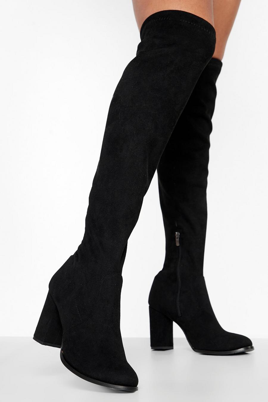 Black svart Block Heel Over The Knee Thigh High Boots