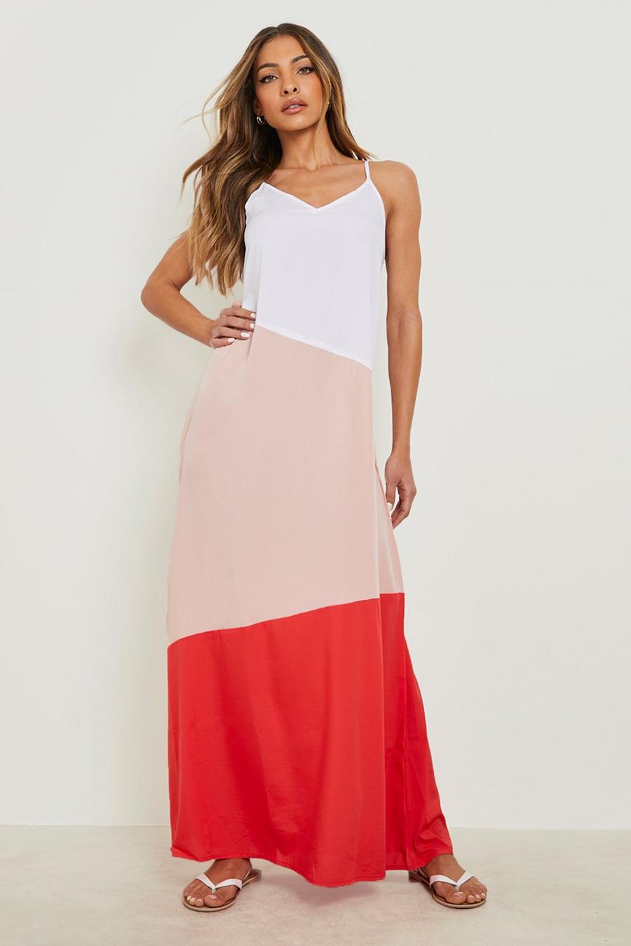Red Strappy Color Block Tiered Maxi Dress image number 1