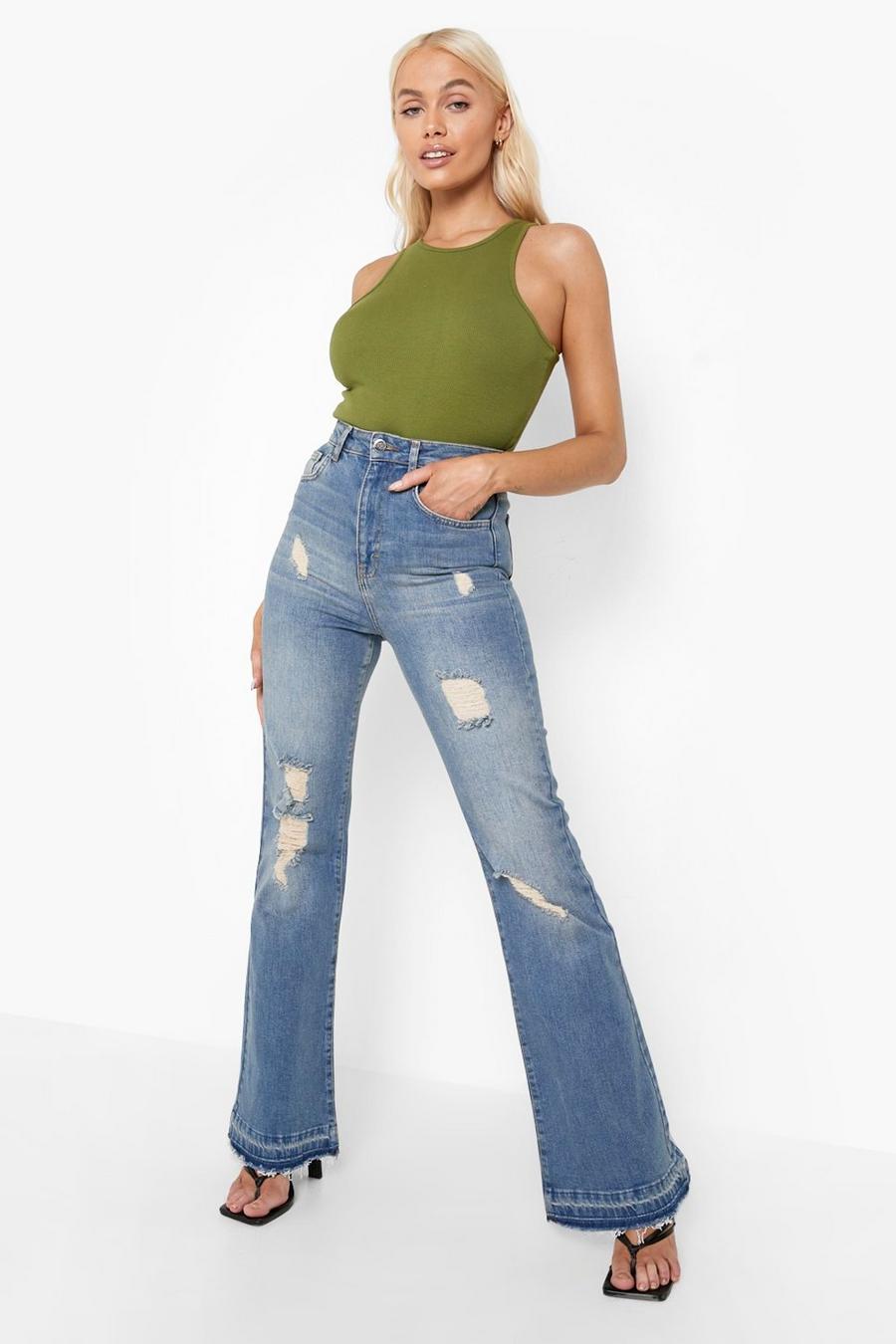 Mid wash High Waisted Ripped Flared Jeans image number 1