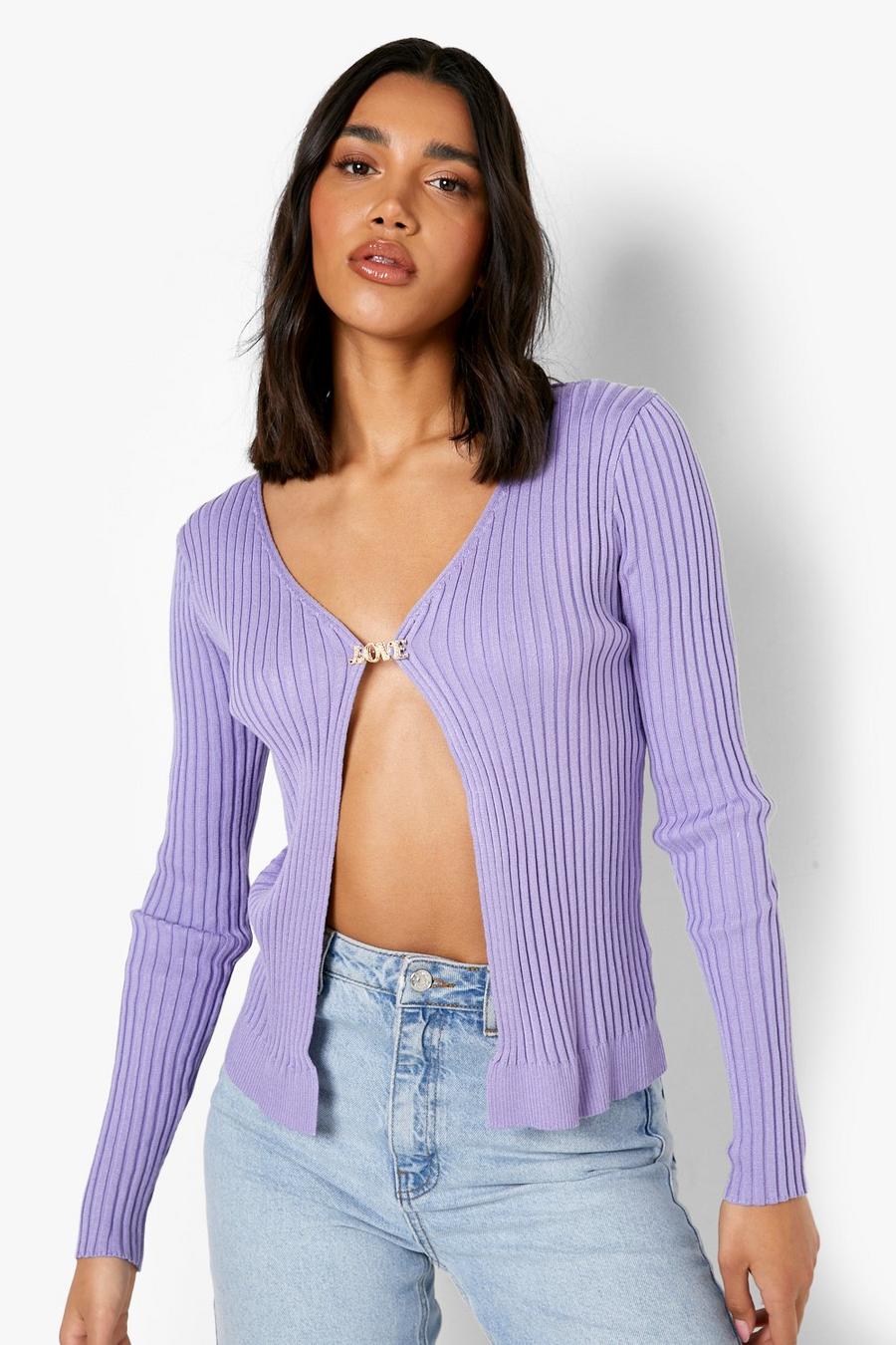 Lilac Clasp Detail Rib Cropped Cardigan image number 1