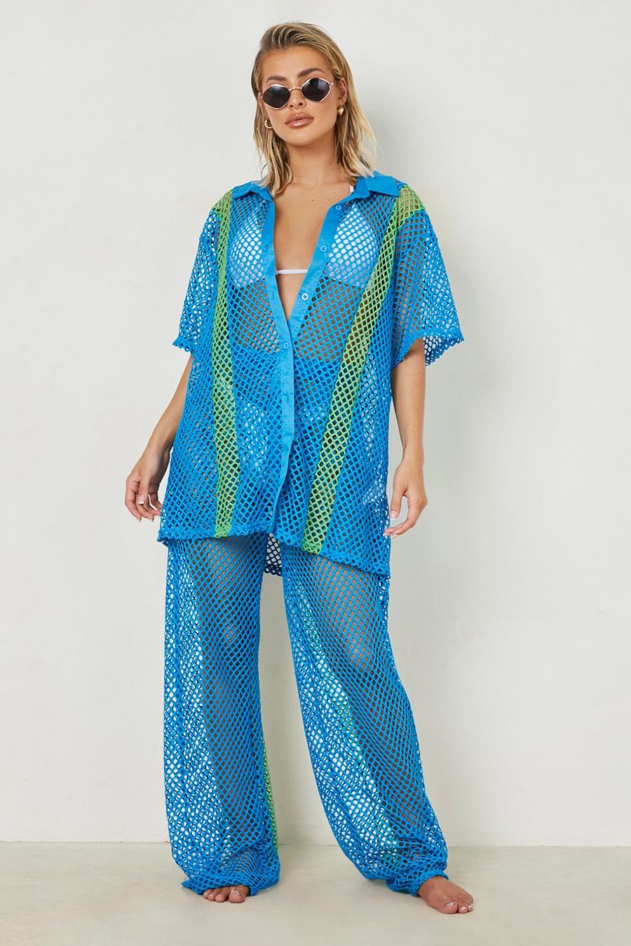 Blue Colour Block Knit Shirt & Trouser Beach Set