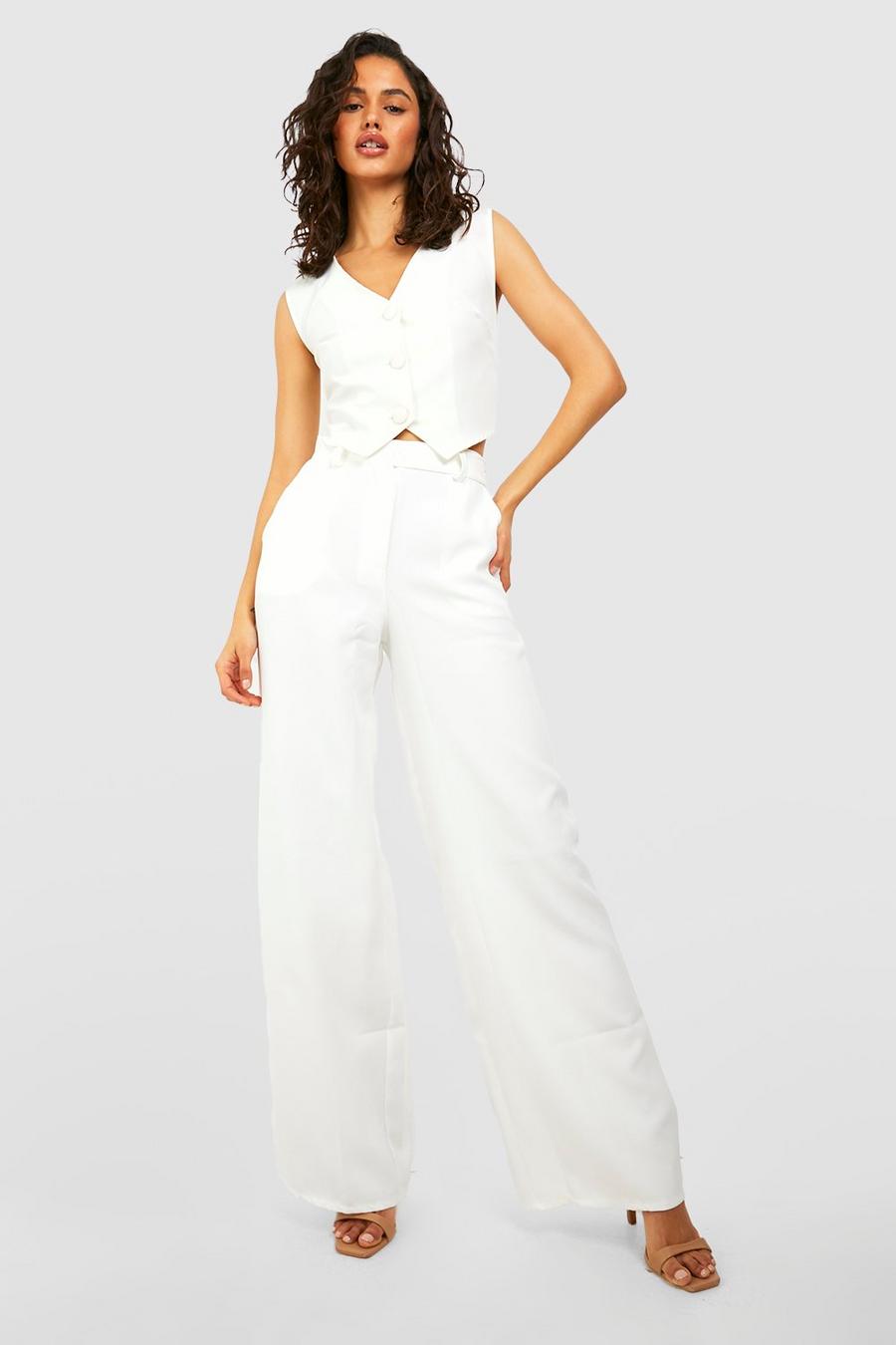 Cream Wide Leg Button Detail Trouser  image number 1