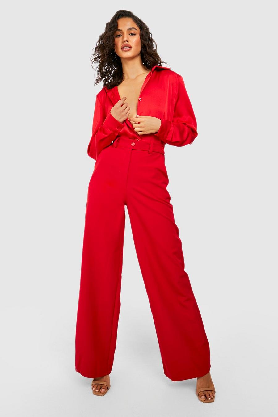 Red Wide Leg Button Detail Pants image number 1