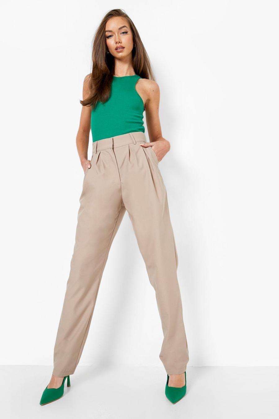 Taupe beige High Waisted Pleat Tailored Trousers