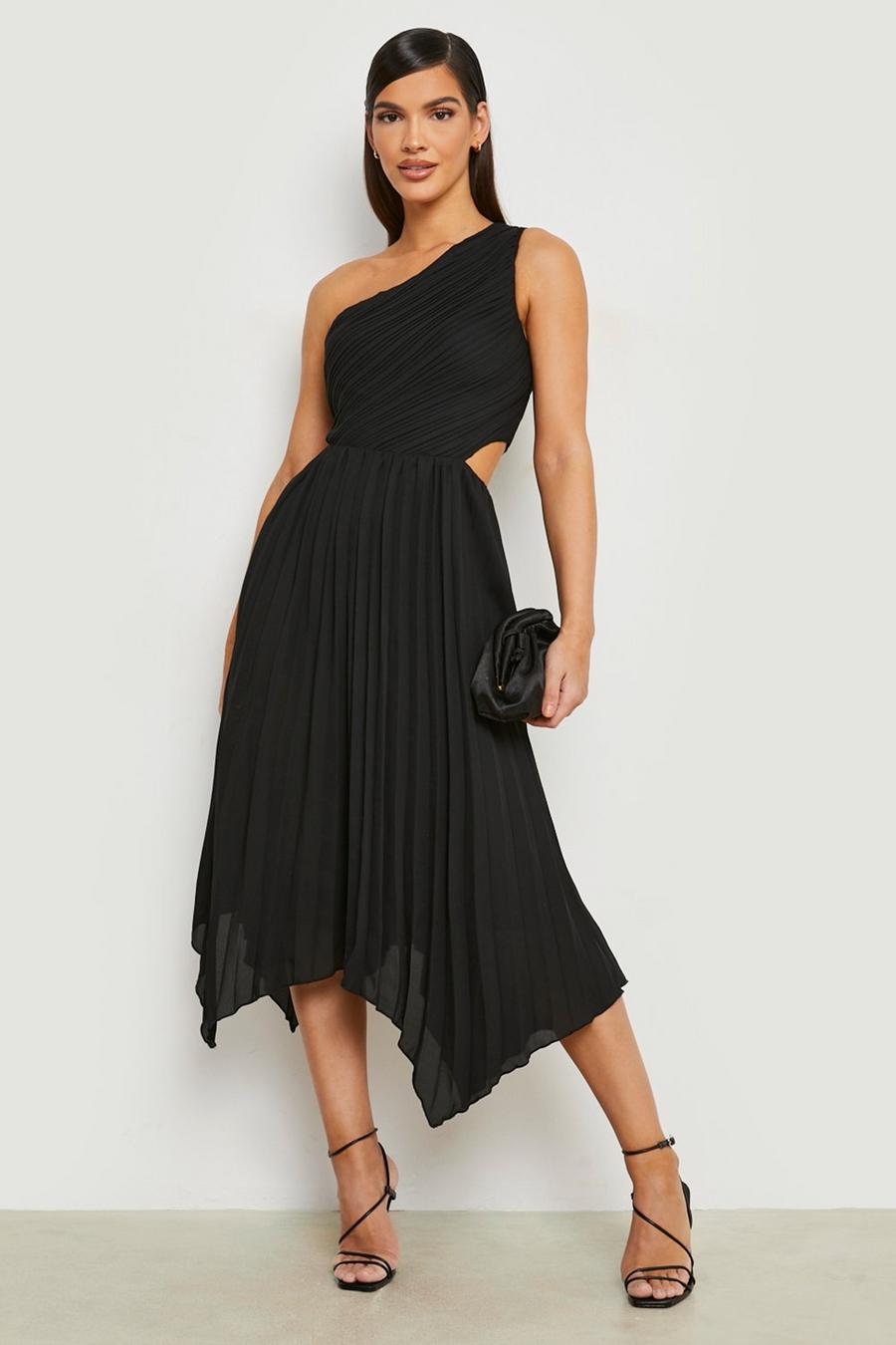 Black Pleated One Shoulder Asymmetric Midi Dress image number 1