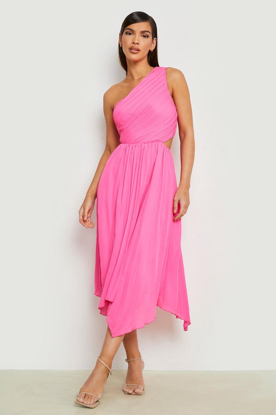 Hot pink Pleated One Shoulder Asymmetric Midi Dress image number 1