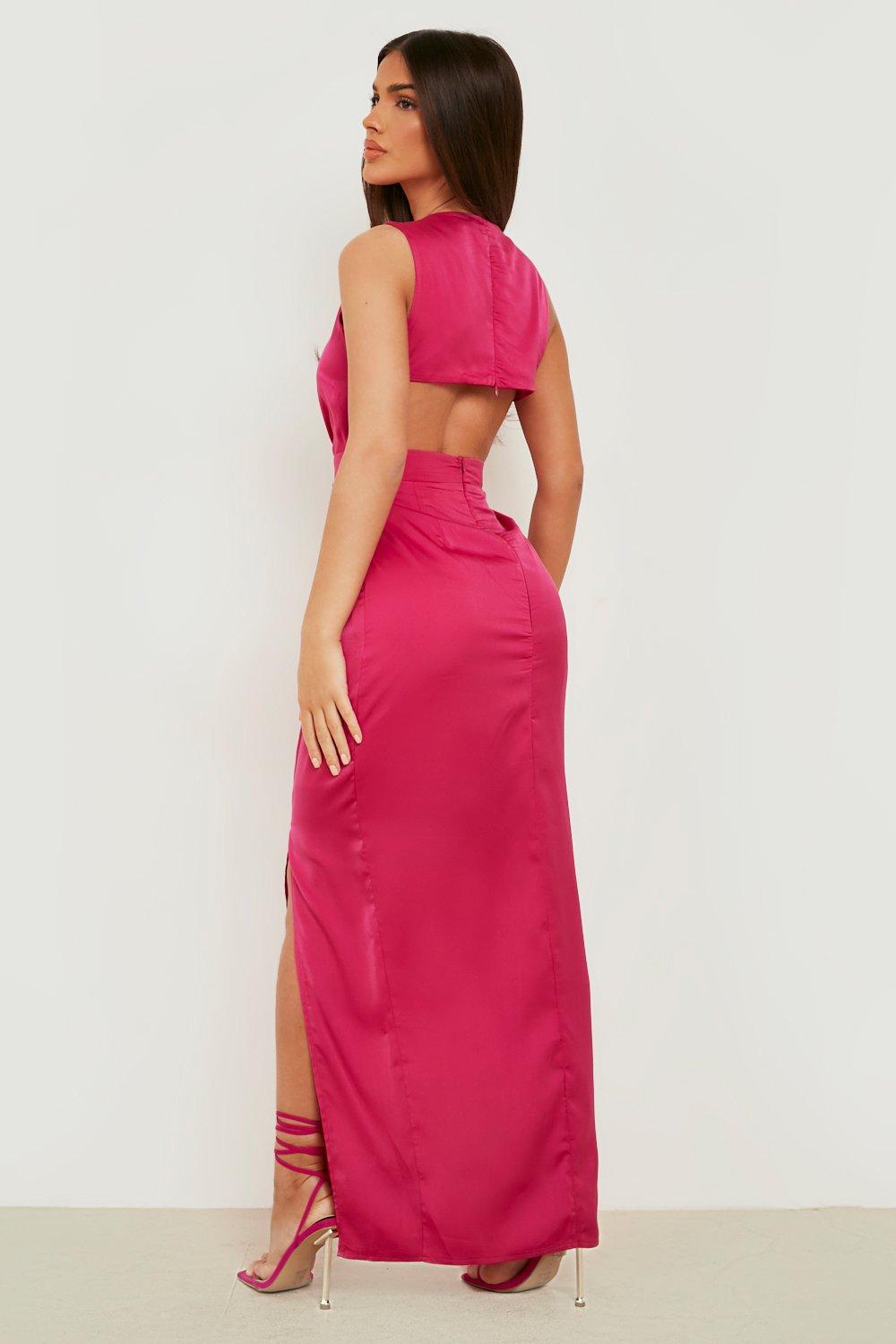 Deep V-neck Satin Open Back Maxi Dress | boohoo