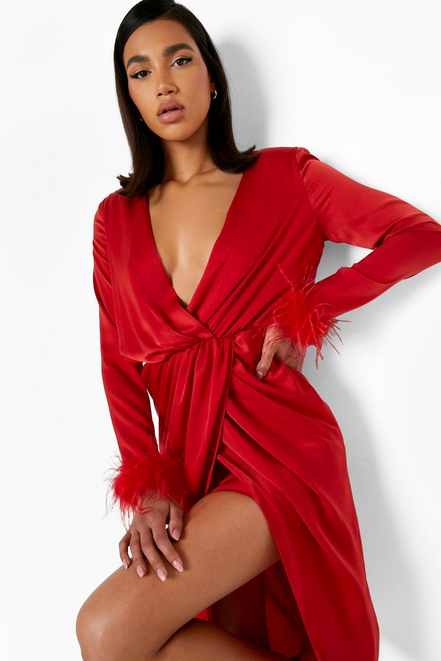 Red Satin Long Sleeve Feather Cuff Midi Dress