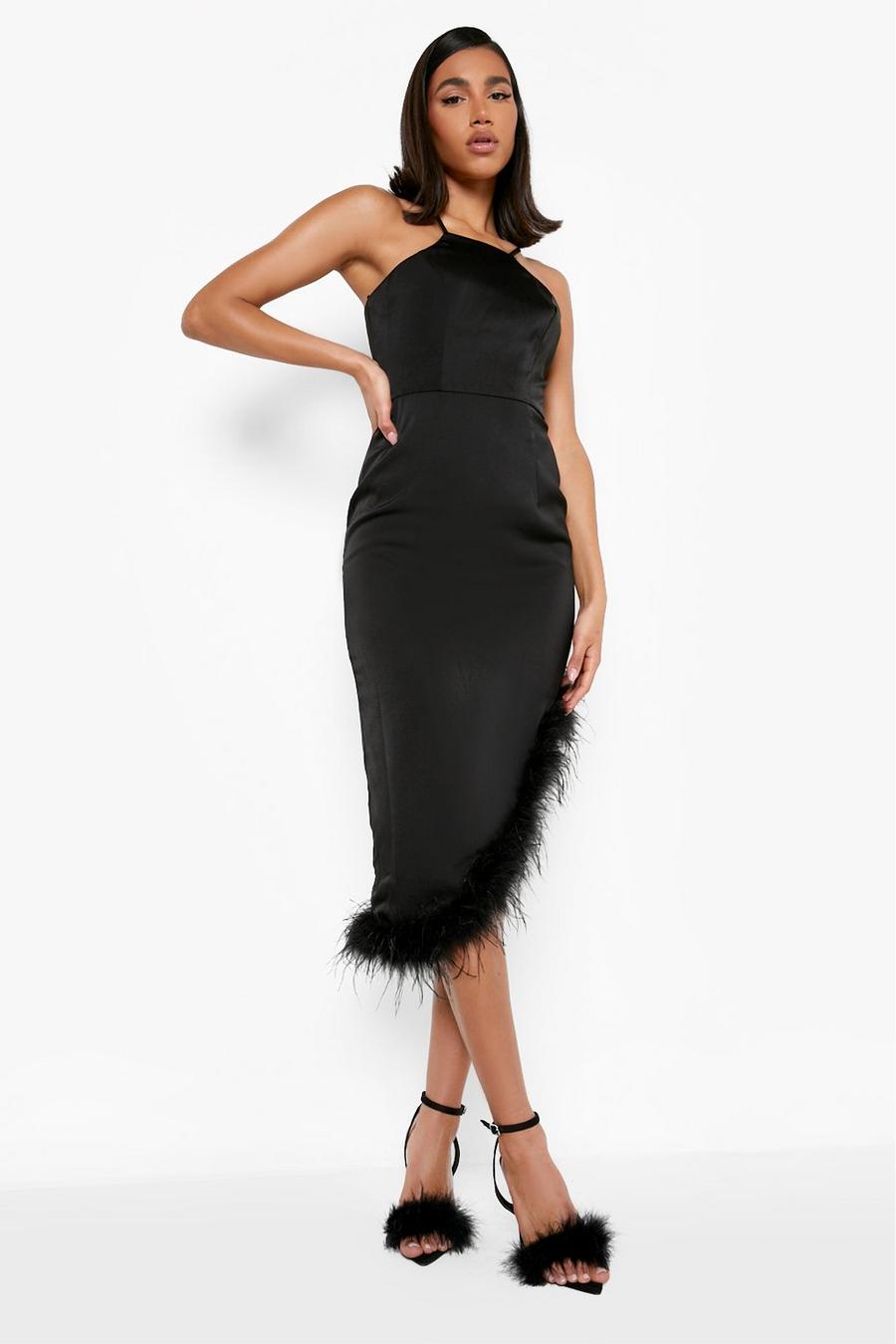 Black Asymmetric Feather Trim Midi Dress  image number 1