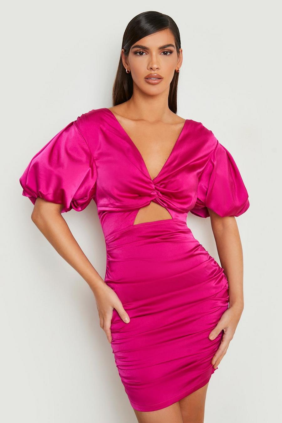 Magenta pink Puff Sleeve Ruched Twist Mini Dress 