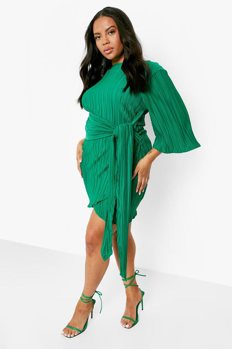Green Plus Plisse Kimono Sleeve Tie Wrap Dress image number 1
