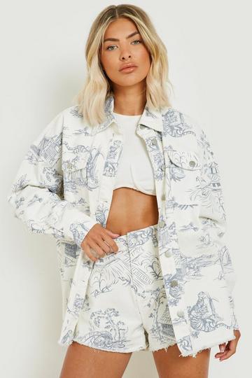 Porcelain Print Ripped Oversized Denim Shirt ecru