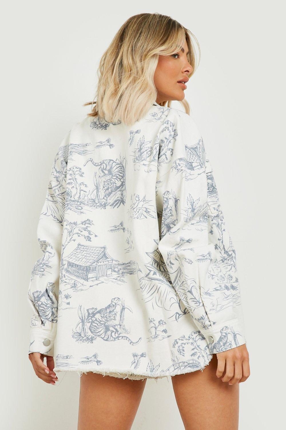 Porcelain Print Ripped Oversized Denim Shirt