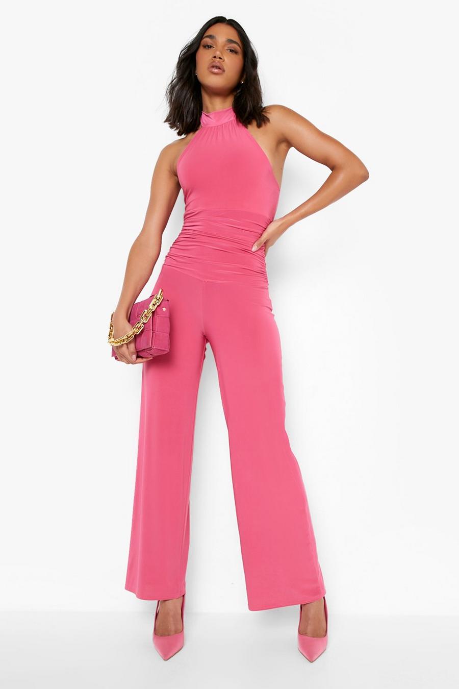 Magenta pink Slinky High Neck Rouched Wide Leg Jumpsuit
