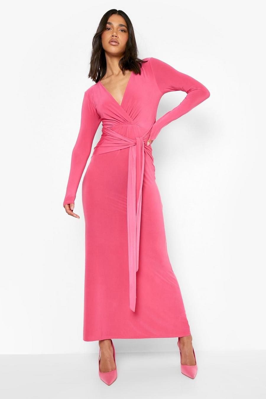 Magenta rosa Draperad långklänning med låg urringning