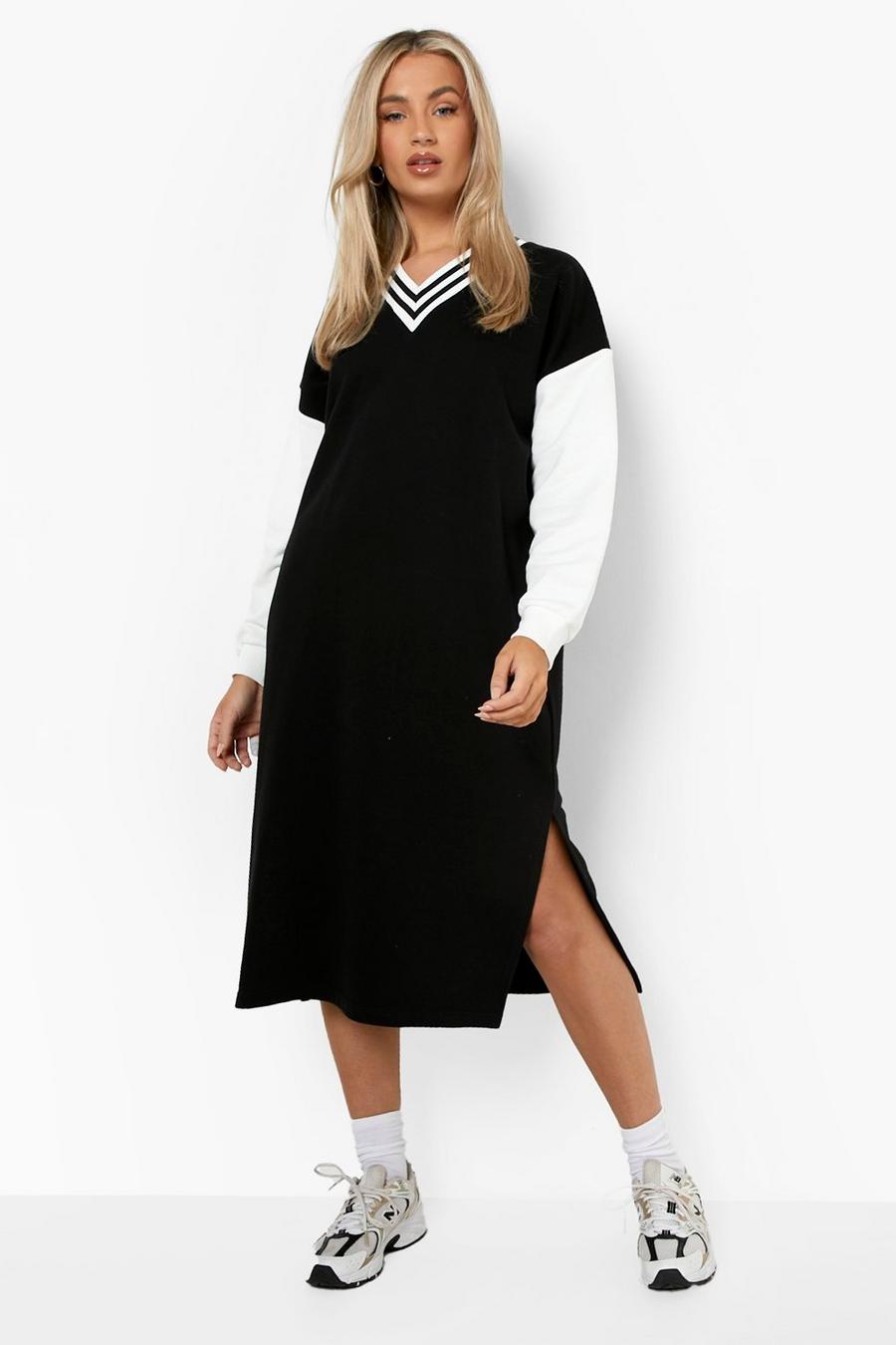 Black Contrast Sleeve Varsity Sweatshirt Dress image number 1