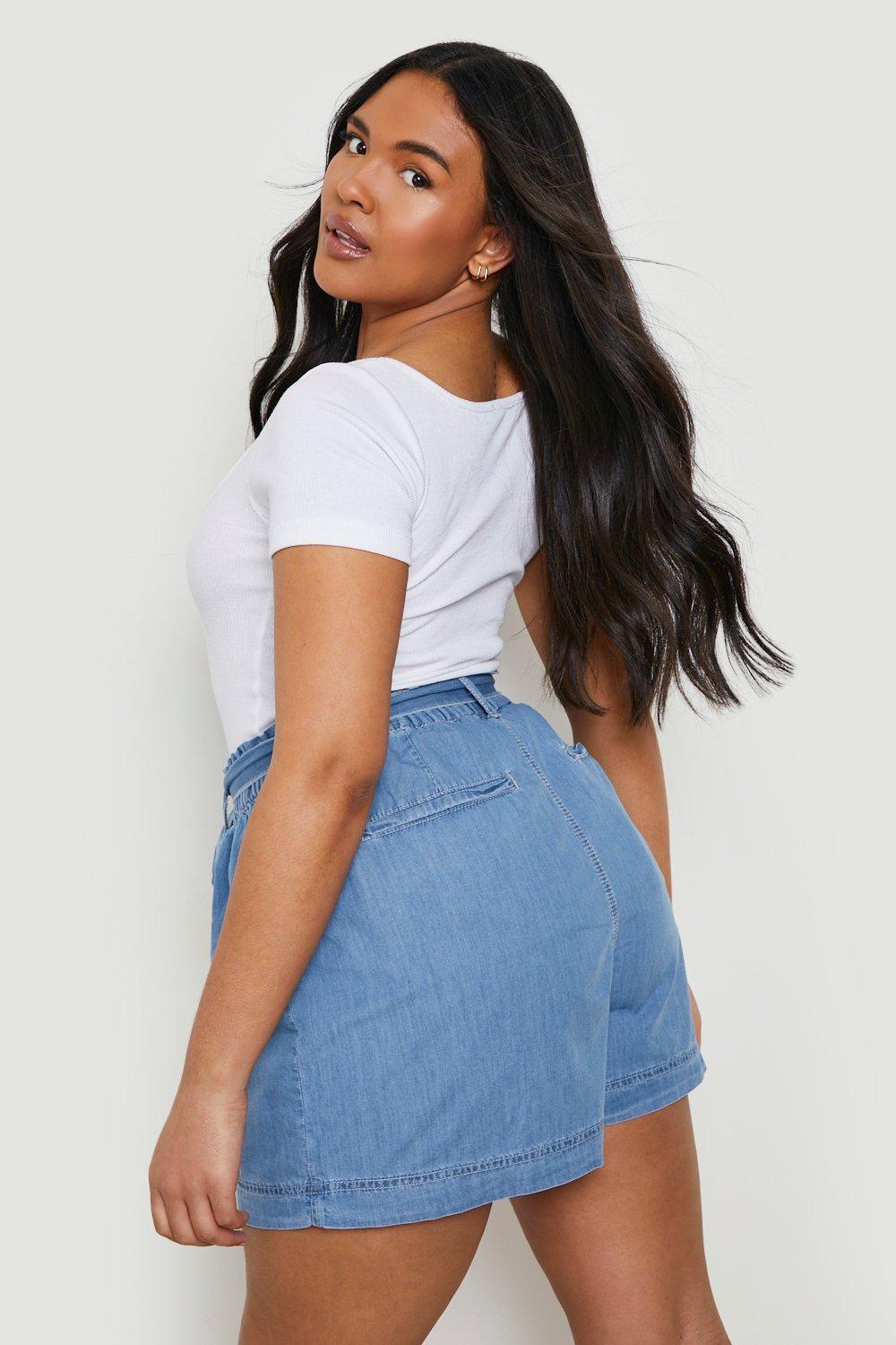 Plus size best sale denim paperbag shorts