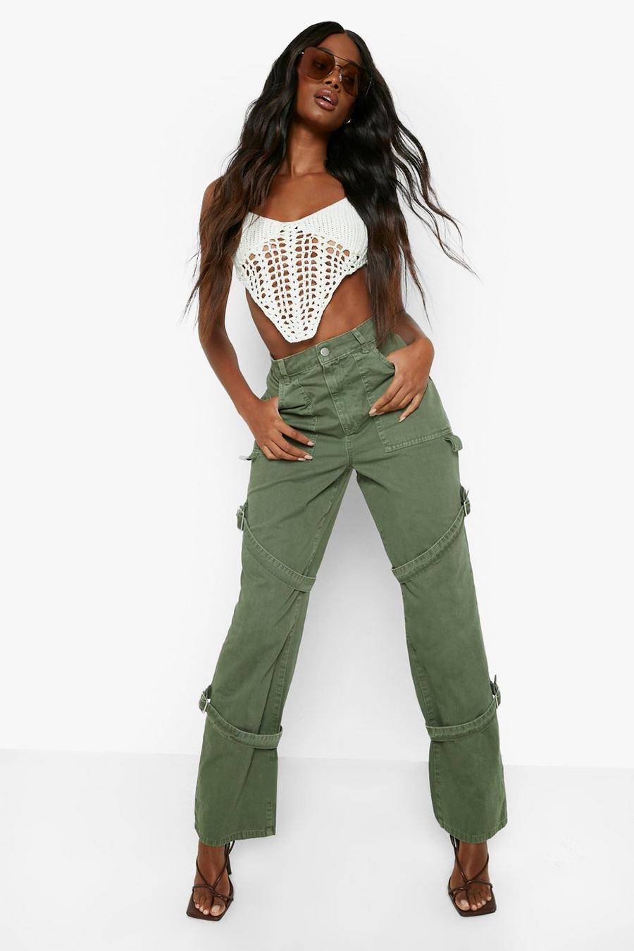 Washed khaki High Waisted Buckle Cargo Jeans image number 1